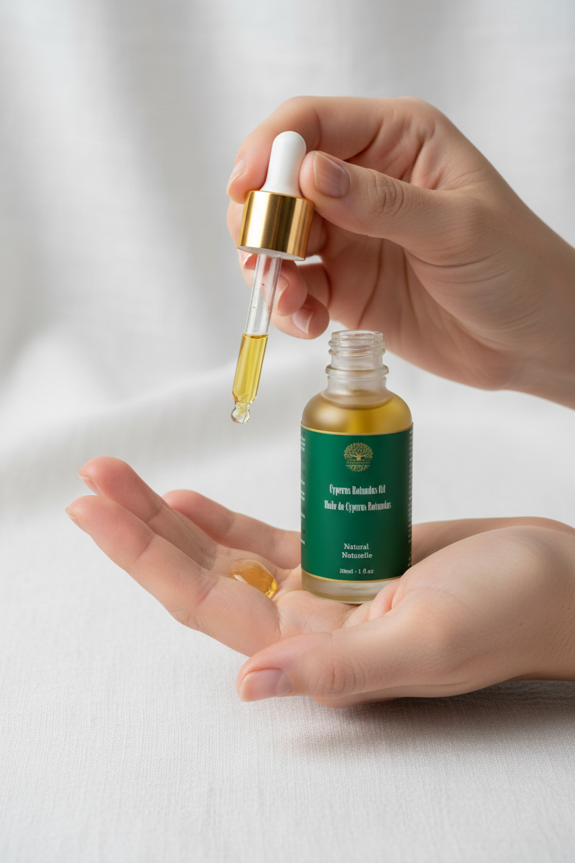 Cyperus Rotundus Oil applied on smooth skin after hair removal - natural anti-regrowth care by Agama Elixir Canada